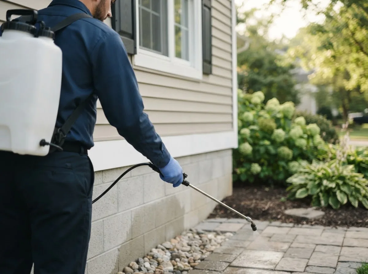 Pest control technician inspecting a home in Loudonville, OH